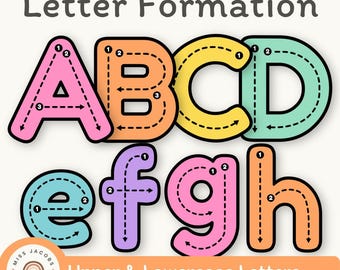 Cutesy Alphabet Letter Formation Posters: Printable Uppercase & Lowercase Letters Tracing Cards, Bright Classroom Decor