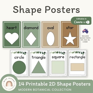 Vormposters voor kleuterschool, moderne botanische afdrukbare 2D-vormen voor kinderen, bewerkbare klasdecor Elementair leren wiskundeweergave