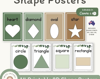 Shape Posters for Kindergarten, Modern Botanical Printable 2D Shapes for Kids, Editable Classroom Decor Elementary Learning Math Display