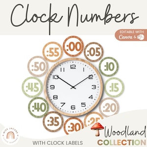 Woodland Clock Labels, Printable Minute Numbers Learning Time, Editable Wall Clock Decor, Neutral Theme Minute Markers Decor