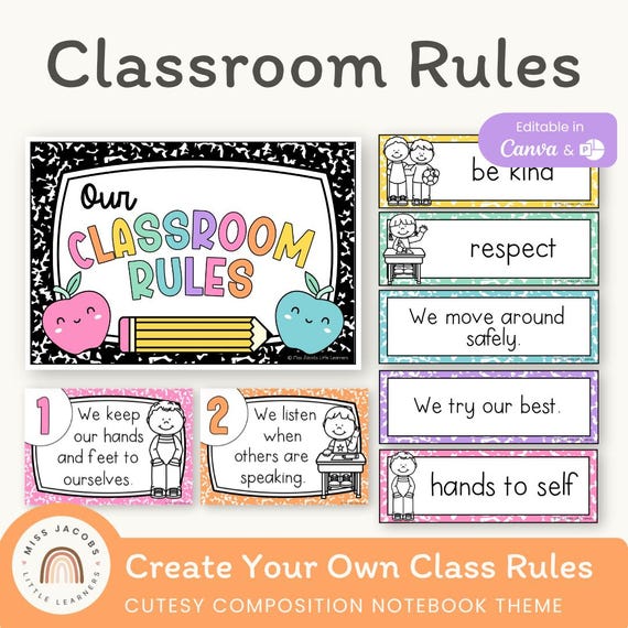 Cutesy Classroom Rules and Expectations Posters, Editable Rules for Classroom, Bilingual Bright Checkered Composition Notebook Class Decor