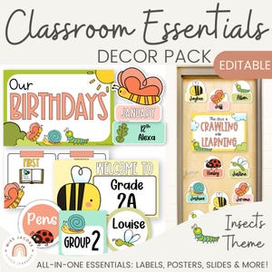 Insects Theme Classroom Decor Bundle, Editable Spring Bugs Set Teacher Essentials Pack, Printable Back to School Class Decoration Resources