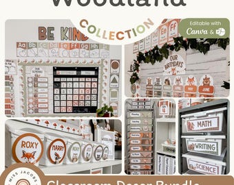 Woodland Classroom Decor Bundle, Cozy Nature Forest Friends Animals Theme Decoration Set, Editable Nursery Art Teaching Organization Decors
