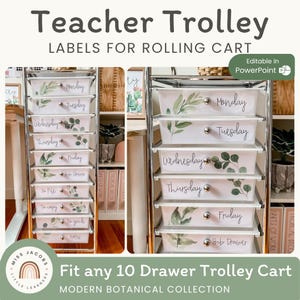 Teacher Trolley Labels, Editable Rolling Cart Drawer Organizers, Classroom Label Templates, Calm Eucalyptus Decor, 10 & 12 Drawer Sizes