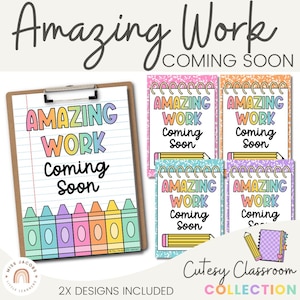 Cutesy Amazing Work Coming Soon Posters, Bright Colorful Bulletin Board Display, Student Work Classroom Posters, Composition Book Theme
