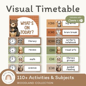 Woodland Visual Classroom Schedule, Editable Daily Timetable Cards & Clocks, Printable Forest Animals Theme Schedule Template Kids Decor