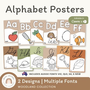 Woodland Alphabet Posters A–Z, Editable ABC Classroom Display, Neutral Decor Early Literacy Printables, Bilingual & Cursive Fonts