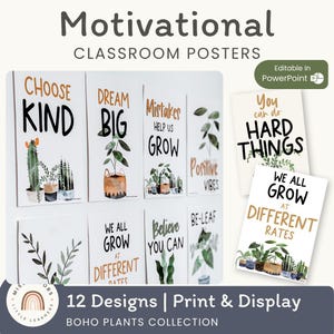 Pósteres modernos de plantas bohemias que motivan el crecimiento mental y afirmaciones positivas para el aula.