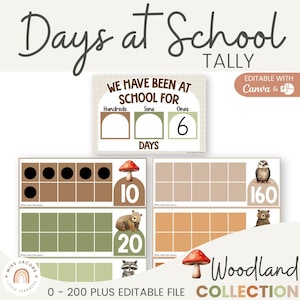 Woodland 100 Days of School Tally Chart, Printable Ten Frame Display, Editable Neutral Days in School Display, Forest Theme Math Wall Decor