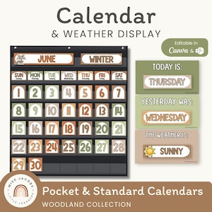 Woodland Calendar & Weather Display, Printable Nature Classroom Calendar Pocket Chart with Special Events, Editable Cozy Forest Wall Decor