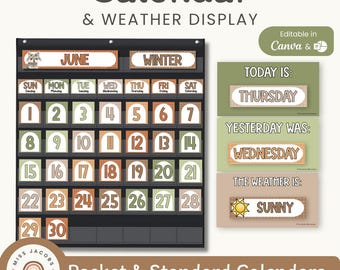 Woodland Calendar & Weather Display, Printable Nature Classroom Calendar Pocket Chart with Special Events, Editable Cozy Forest Wall Decor