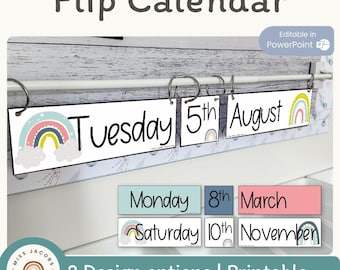 Flip Calendar | Modern Rainbow Calm Color Themed Classroom Decor | Editable