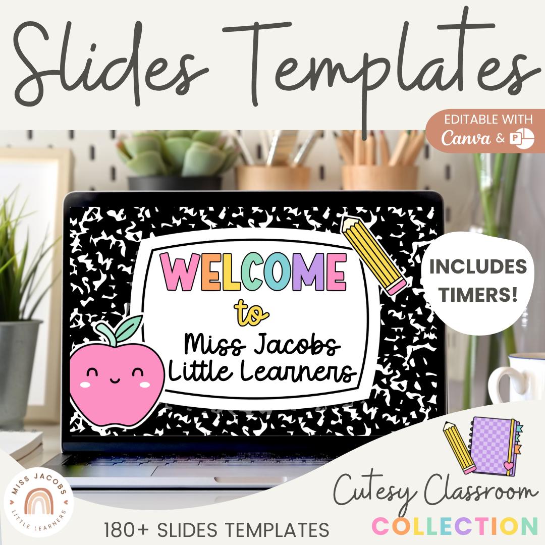 Cutesy Classroom Slides Templates Composition Book, Google Slides and PowerPoint with Timers, School Supplies Clipart Back To School Theme