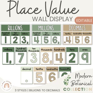 Botanischer Platzwert mit Dezimalstellen Wandanzeige, modernes Bauernhaus-Thema, Eukalyptus-Druck Bearbeitbare Platzwerttabelle Bulletin Board-Anzeige
