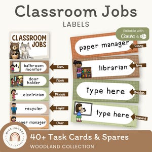 Quadro de tarefas da sala de aula Woodland, tema de animais da floresta, cartões de bolso editáveis para auxiliares de alunos com tema de natureza, exibição de rotina neutra e aconchegante