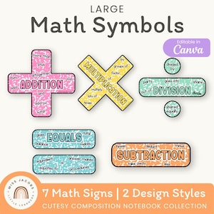 Stor poster med mattesymboler: Gullig anteckningsbok med nyckelord, matteoperationer, klassrumsdekor (utskrivbar och redigerbar)