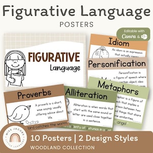 Woodland Figurative Language Posters, Printable Cozy ELA Anchor Charts for Simile Metaphor Idiom, Neutral Palette Classroom Literacy Decor