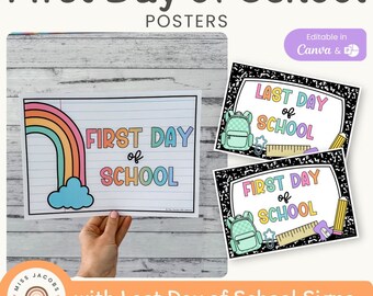 Editable First and Last Day of School Sign, Cutesy Classroom Decor, Composition Notebook and Rainbow Theme Teacher Digital School Sign