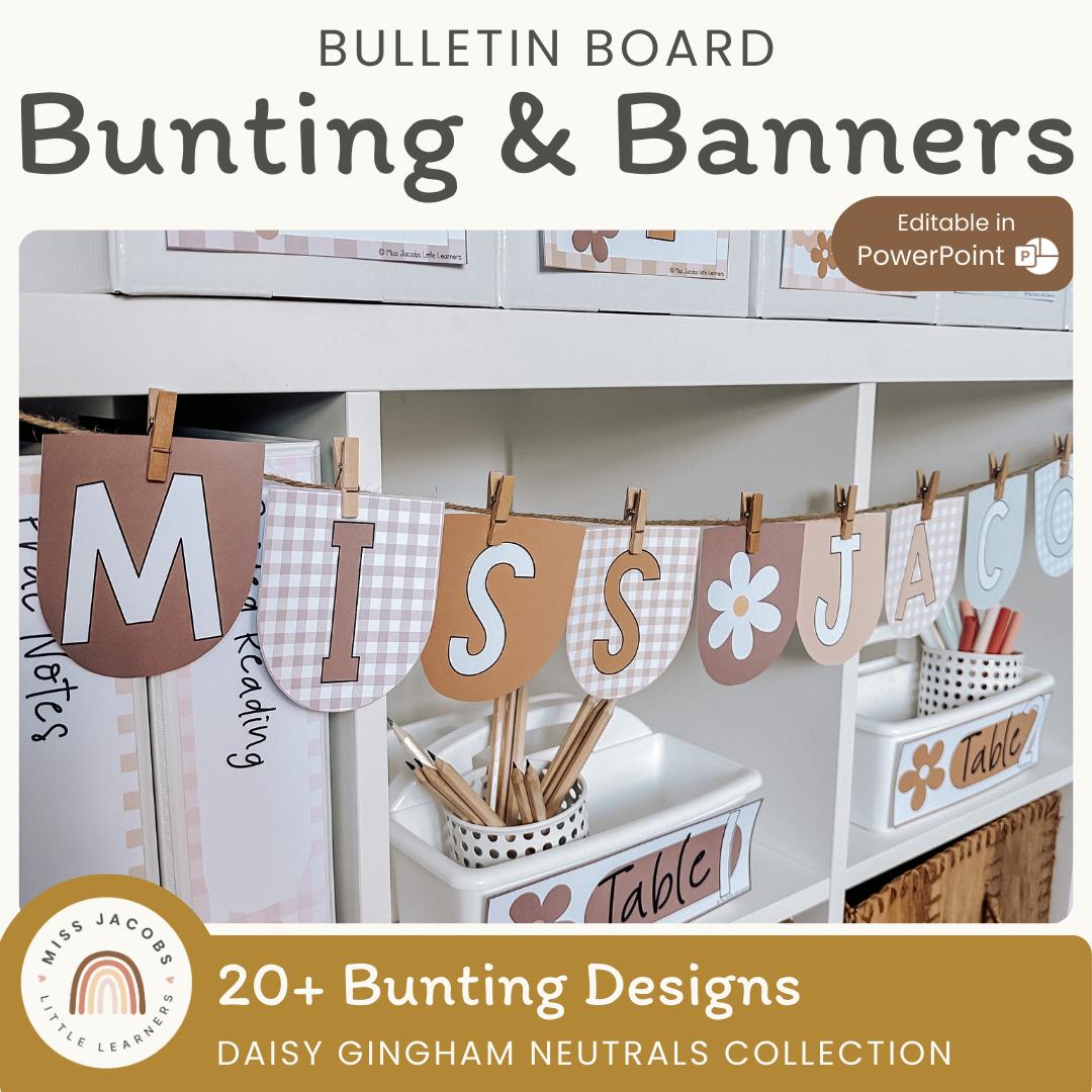 Bunting and Display Banners | Daisy Gingham Neutrals Classroom Decor - Etsy