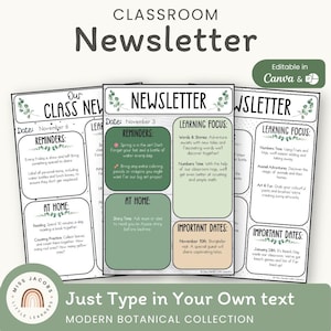 Modello di newsletter per insegnanti, comunicazione settimanale e mensile modificabile con i genitori, notizie di classe stampabili, design moderno di fattoria botanica