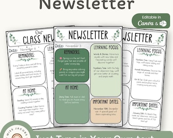 Newsletter-Vorlage für Lehrer, bearbeitbare wöchentliche und monatliche Elternmitteilung, druckbare Klassenneuigkeiten, modernes botanisches Bauernhausdesign