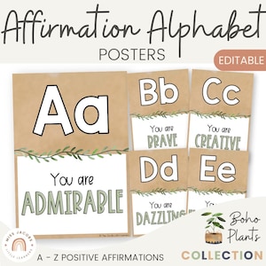 Affirmation Alphabet Posters, Boho Plants Classroom Wall Decor, Printable Positive Affirmation ABC Poster, Editable Affirmation Display
