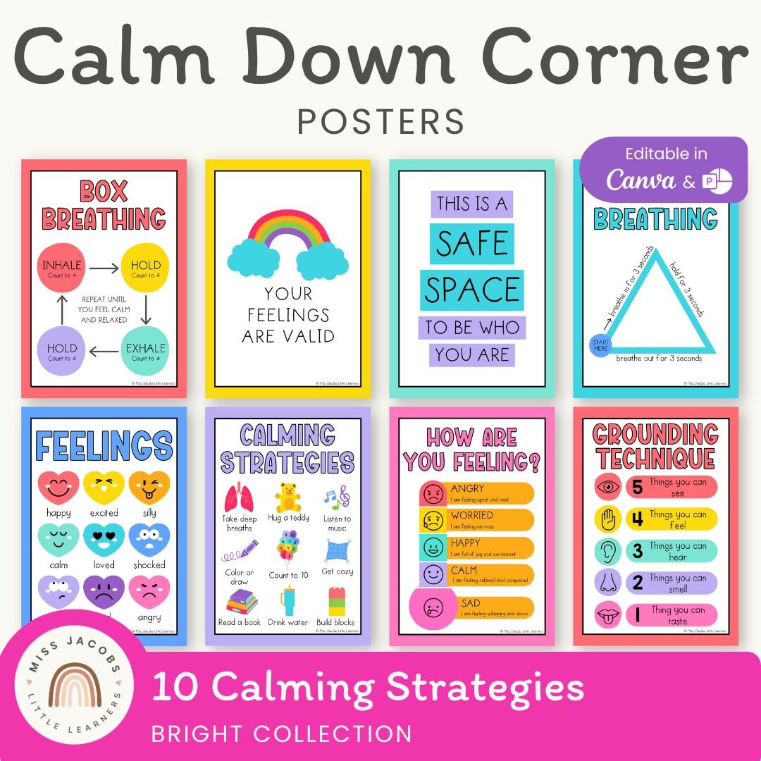 Bright Calm Down Corner Posters, Breathing Exercises Calm Down Kit, SEL ...