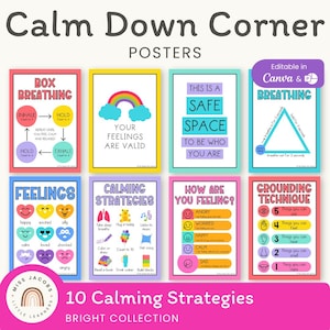 Bright Calm Down Corner-posters, Calm Down-kit ademhalingsoefeningen, SEL-grafiek coping-strategiegevoelens, afdrukbare items emotionele regulatie