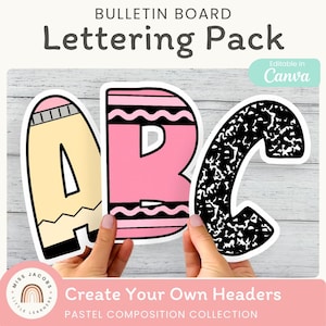 May include: A bulletin board lettering pack featuring the letters A, B, and C. The letter A resembles a yellow pencil, the letter B is pink with wavy lines, and the letter C has a black and white speckled composition notebook pattern.