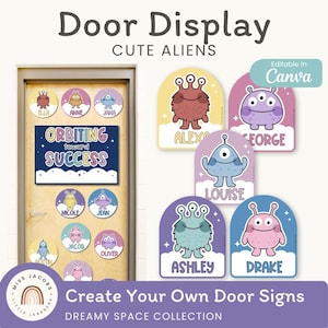May include: Door display featuring cute alien-themed door signs. The signs include various colorful alien illustrations with names like Alex, George, and Drake. The door also has a sign that says "Orbiting toward Success."