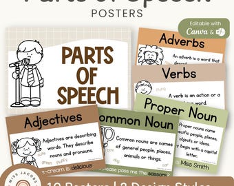 Woodland Parts of Speech Posters, Printable Grammar Anchor Charts, Neutral ELA Literacy Wall Decor, Rustic Classroom Writing Display