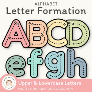 Alphabet Letter Formation Posters, Printable Preschool Handwriting Practice with Tracing Guides, Pastel Composition Theme