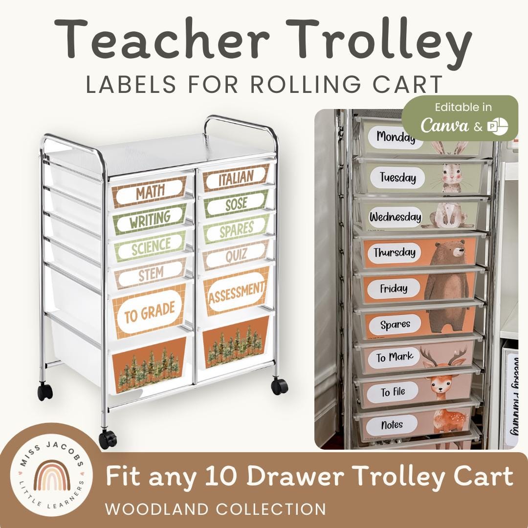 Woodland 10 - 12 Teacher Rolling Cart Labels, Editable Trolley Drawer ...