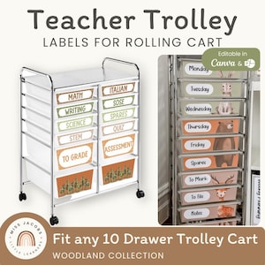 Woodland 10-12 Leraar Rolling Cart Labels, Bewerkbare Trolley Lade Tags, Bosdieren Thema Klasorganisatie Inrichting Terug naar school