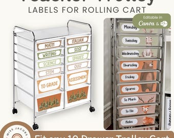 Woodland 10 - 12 Teacher Rolling Cart Labels, Editable Trolley Drawer ...