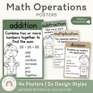 Posters med matteoperationer, utskrivbara matteoperationer, nyckelordsvokabulär, matematikankardiagram, redigerbar anslagstavla för modern botanisk matematik