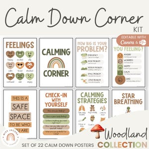 Woodland Calm Down Corner Posters, Printable SEL Calming Classroom Decor, Cozy Emotional Regulation Kit, Editable Nature Therapy Display