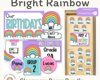 Bright Rainbow Theme Classroom Decor Bundle, Editable Elementary Teacher Essentials Decor Pack, Printable Classroom Management Display Set