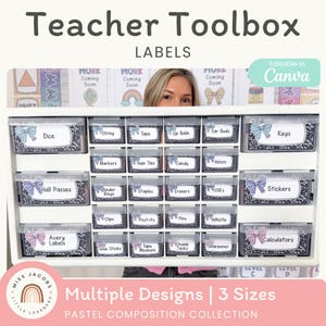 May include: A white plastic storage organiser with multiple drawers, each featuring a label with a black and white composition notebook pattern and a pastel bow graphic. The labels include text such as Dice, String, Tape, Markers, and Calculators.