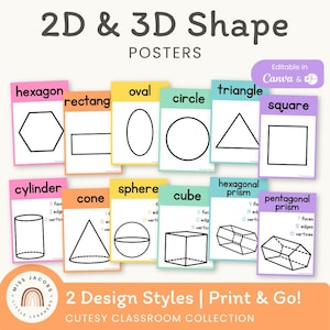 May include: A set of educational posters titled 2D & 3D Shape Posters, featuring colorful cards with black outlines of shapes including hexagon, rectangle, oval, circle, triangle, square, cylinder, cone, sphere, cube, hexagonal prism, and pentagonal prism.