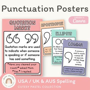 Könnte beinhalten: Ein Set aus pädagogischen Satzzeichen-Postern in Pastellfarben mit Definitionen und Beispielen für Anführungszeichen, Apostrophe, Auslassungspunkte und Kommas. Der Text enthält "Punctuation Posters" sowie "Editable in Canva" und "USA / UK & AUS Spelling".
