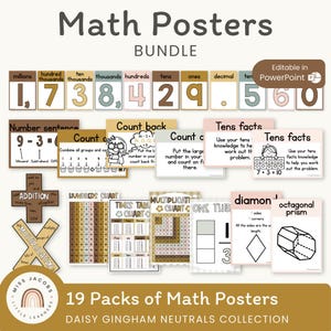 Math Posters Bundle, 18 Packs of Customizable Math Displays, Neutral Color Palette Math Reference Guides, Daisy Gingham Math Anchor Charts