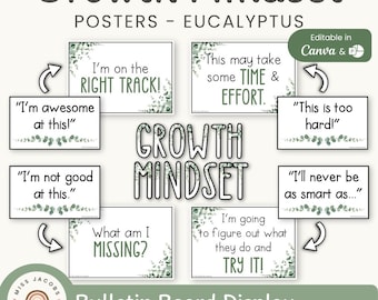 Growth Mindset vs Fixed Mindset Posters, Printable SEL Bulletin Board Set, Editable Eucalyptus Modern Botanical Classroom Decor