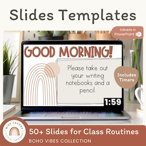 Boho Vibes Daily Morning Slides with Timers, Editable Neutral Google Slides & PowerPoint Templates, Classroom Agenda, Teacher Meeting Slides