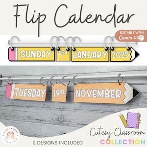 Cutesy Flip Calendar, Editable Classroom Flip Calendar Set, Printable Daily Flip Chart Calendar Display, Perpetual Flip Calendar on Rod