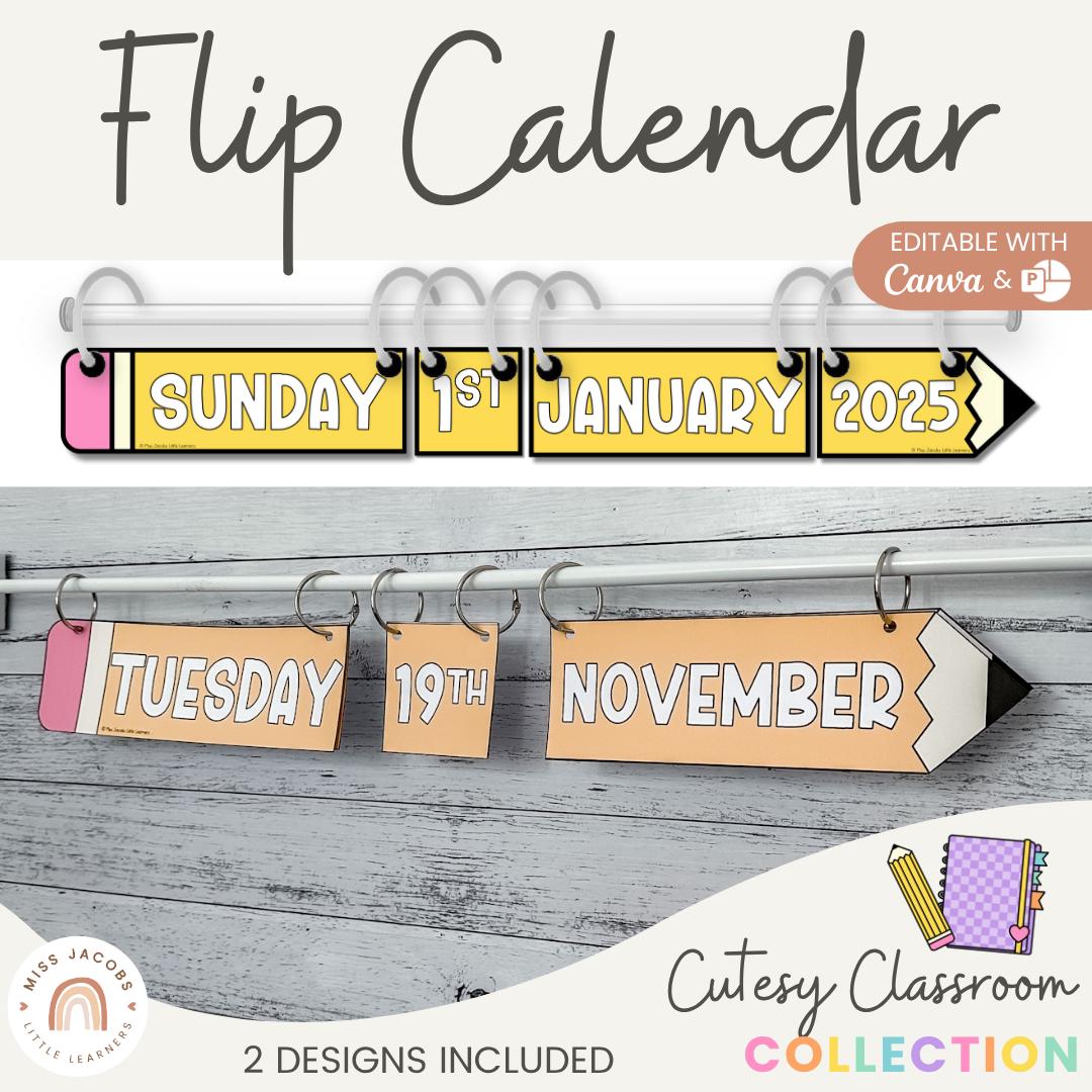 Cutesy Flip Calendar, Editable Classroom Flip Calendar Set, Printable Daily Flip Chart Calendar Display, Perpetual Flip Calendar on Rod