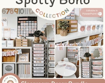 Pacchetto di decorazioni per l'aula SPOTTY BOHO / Decorazioni per l'aula Boho / Etichette per l'aula Boho / Espositori per l'aula moderni e neutri / Modificabili