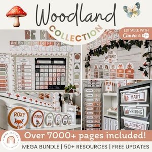 Woodland Classroom Decor Bundle, Cozy Nature Forest Friends Animals Theme Decoration Set, Editable Nursery Art Teaching Organization Decors