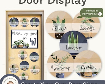 Moderne boho planten deurdisplay | Bewerkbaar rustiek klaslokaaldecor
