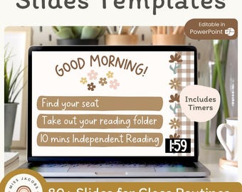 Morning Slides with Timers | Daisy Gingham Neutral Classroom Decor | Editable